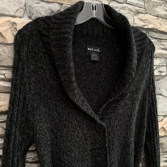 #08 Y2K Wet Seal Button Down Tie Waist Black Gray Cardigan Sweater Vintage Med - Picture 2 of 3